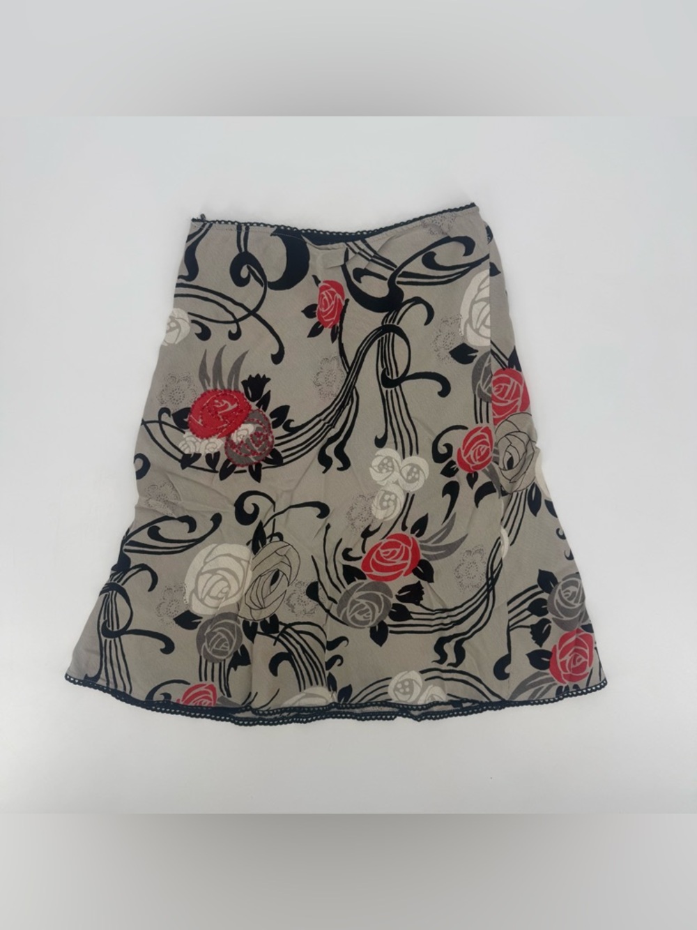 Angie Lightweight Midi Skirt Red Black Tan Rose Floral Beaded Embellishments